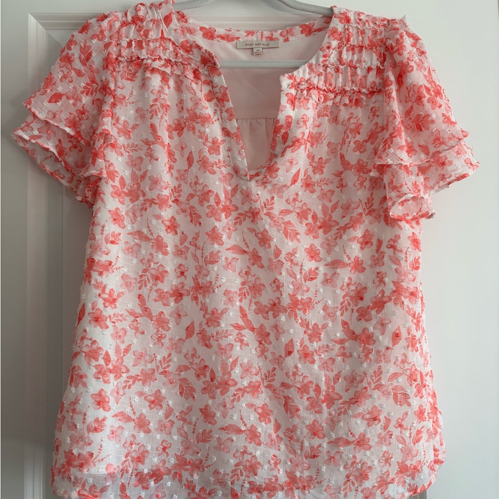 Skies Are Blue Coral Floral Blouse